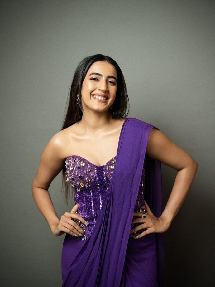 Niharika Konidela Rocks Embellished Purple Corset Saree 1