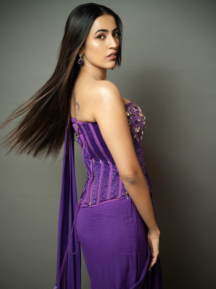 Niharika Konidela Rocks Embellished Purple Corset Saree 1