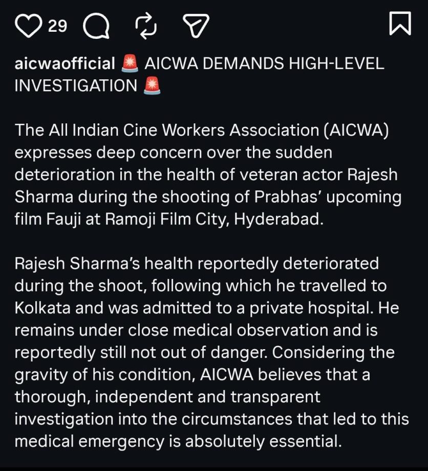 Rajesh Sharma Remains Critical; AICWA Demands A High-Level Probe Into Prabhas' Fauji Set Incident 1