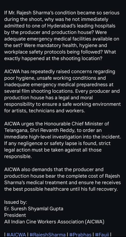 Rajesh Sharma Remains Critical; AICWA Demands A High-Level Probe Into Prabhas' Fauji Set Incident 1