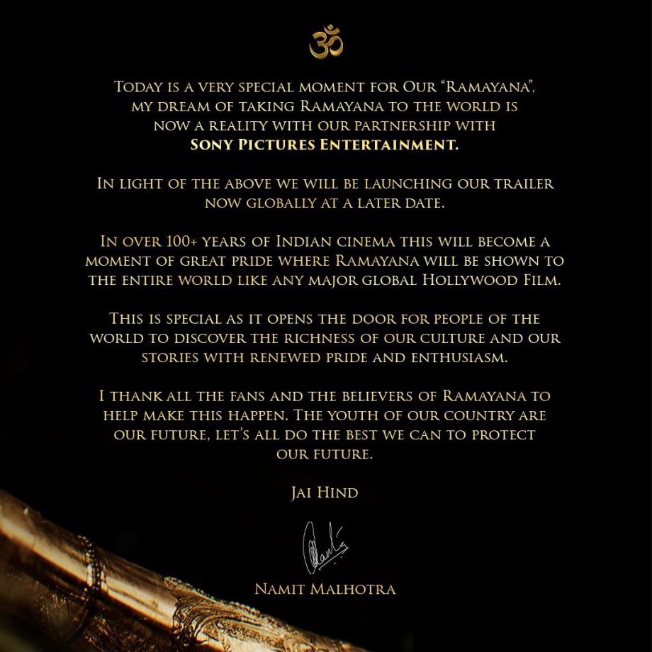 Ramayana Trailer Postponed; Producer Namit Malhotra Sony Pictures As Global Distributor 1
