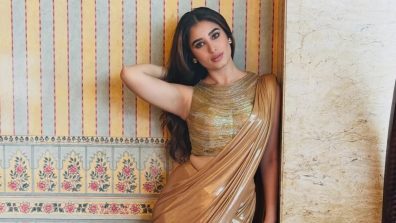Rasha Thadani Stuns Metallic Gold Saree Glamour