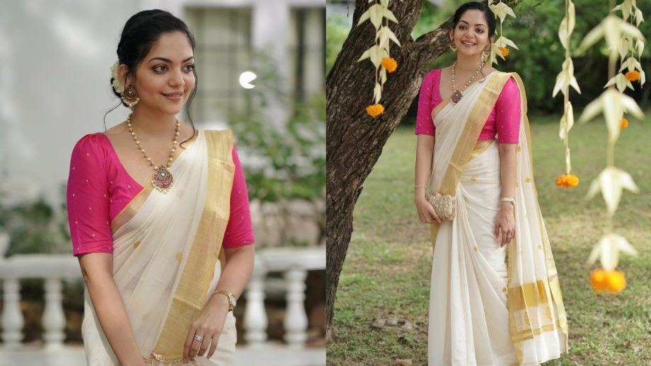 Ahaana Krishna Makes a Stylish Onam Statement in White Saree With Contrast Blouses 1