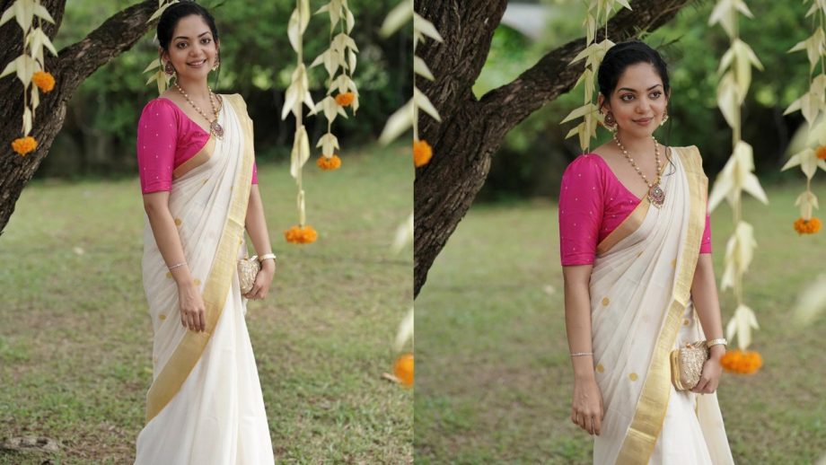 Ahaana Krishna Makes a Stylish Onam Statement in White Saree With Contrast Blouses 1