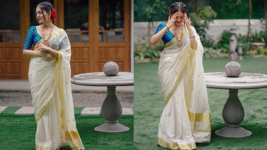 Ahaana Krishna Makes a Stylish Onam Statement in White Saree With Contrast Blouses 1