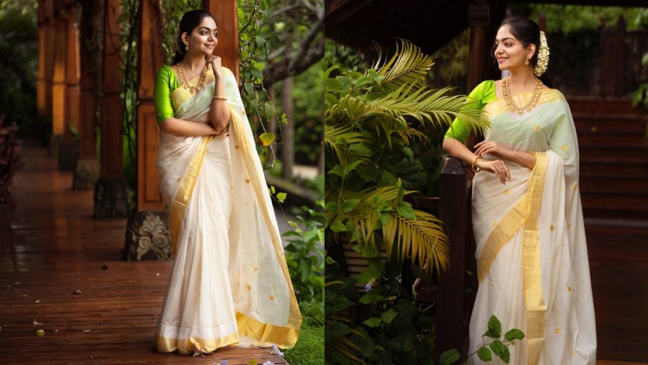 Ahaana Krishna Makes a Stylish Onam Statement in White Saree With Contrast Blouses 1