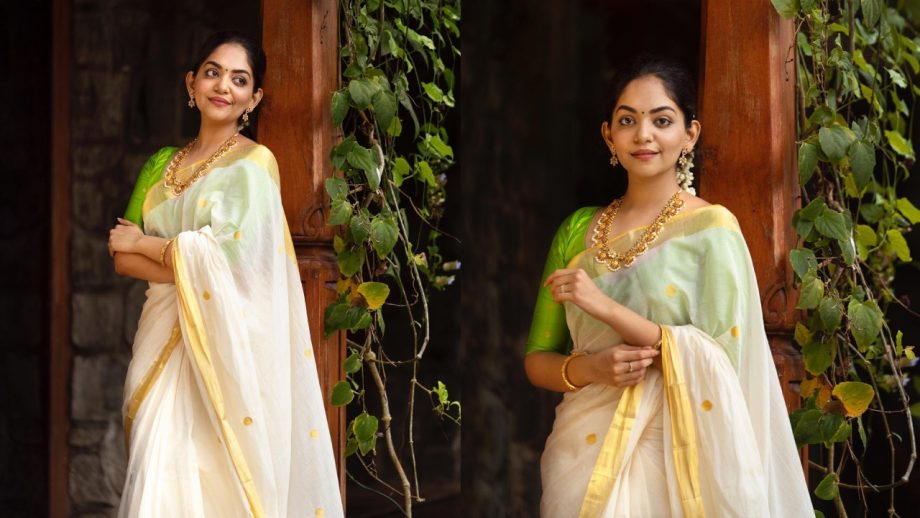 Ahaana Krishna Makes a Stylish Onam Statement in White Saree With Contrast Blouses 1