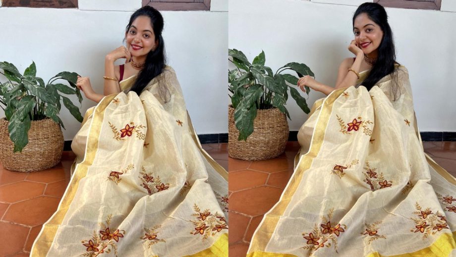 Ahaana Krishna Makes a Stylish Onam Statement in White Saree With Contrast Blouses 1