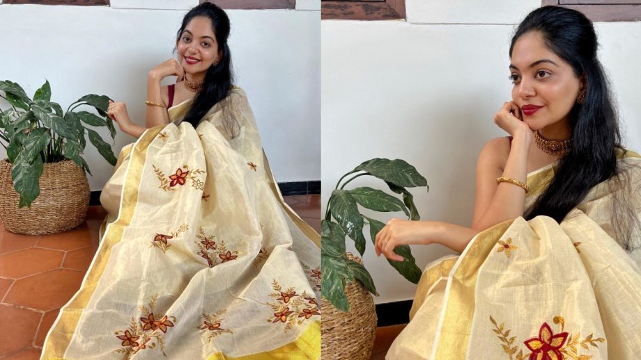 Ahaana Krishna Makes a Stylish Onam Statement in White Saree With Contrast Blouses 1