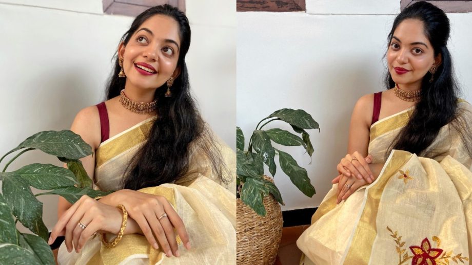 Ahaana Krishna Makes a Stylish Onam Statement in White Saree With Contrast Blouses 1