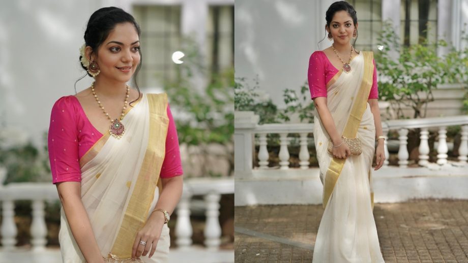 Ahaana Krishna Makes a Stylish Onam Statement in White Saree With Contrast Blouses 1