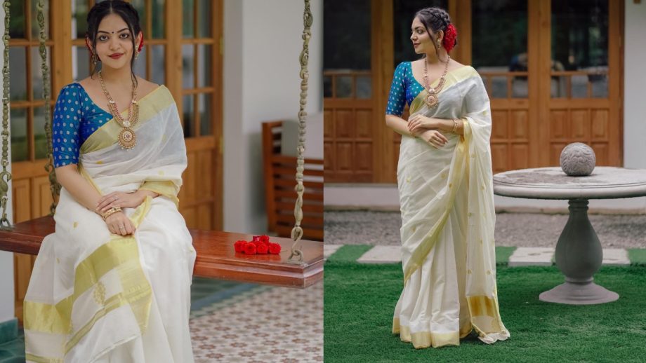 Ahaana Krishna Makes a Stylish Onam Statement in White Saree With Contrast Blouses 1