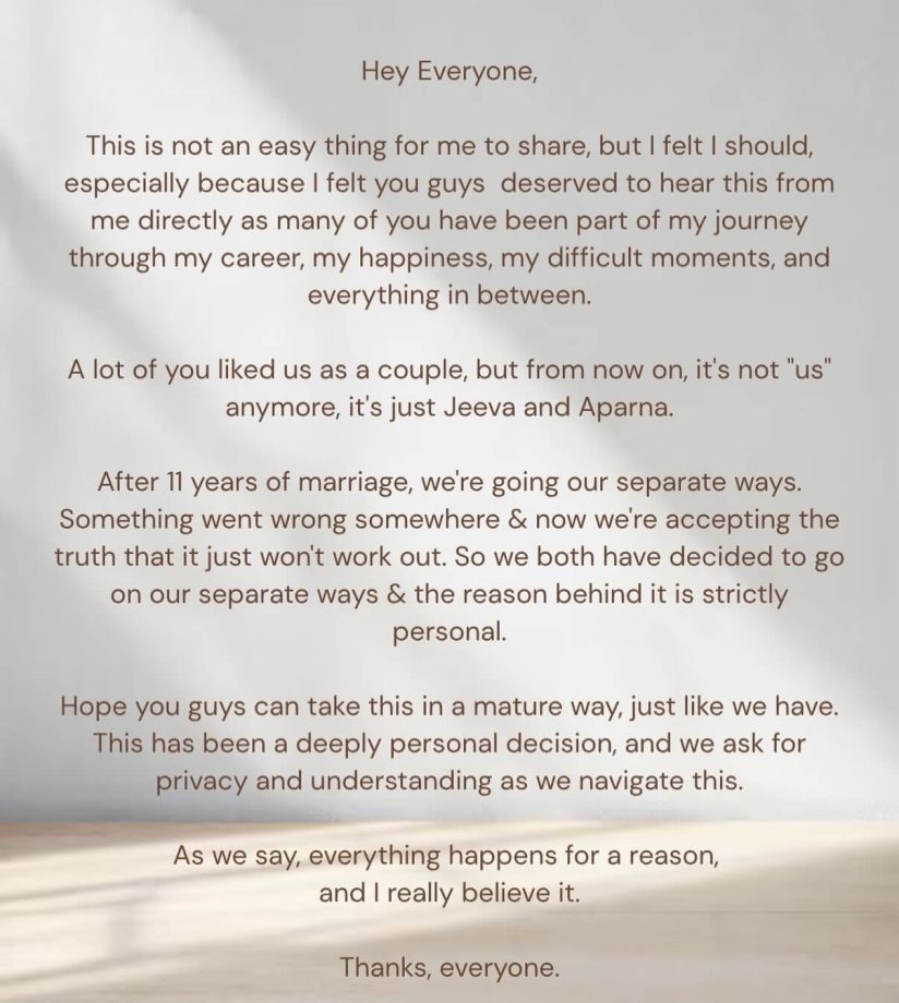 Aparna Thomas Confirms Separation From Jeeva Joseph After Cryptic Note Sparked Buzz 1