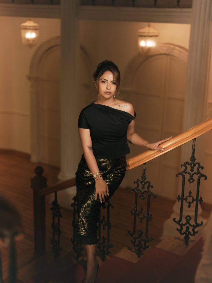 Avika Gor Black Top Leopard Print Satin Skirt Look 1