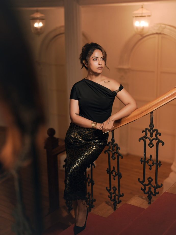 Avika Gor Black Top Leopard Print Satin Skirt Look 1