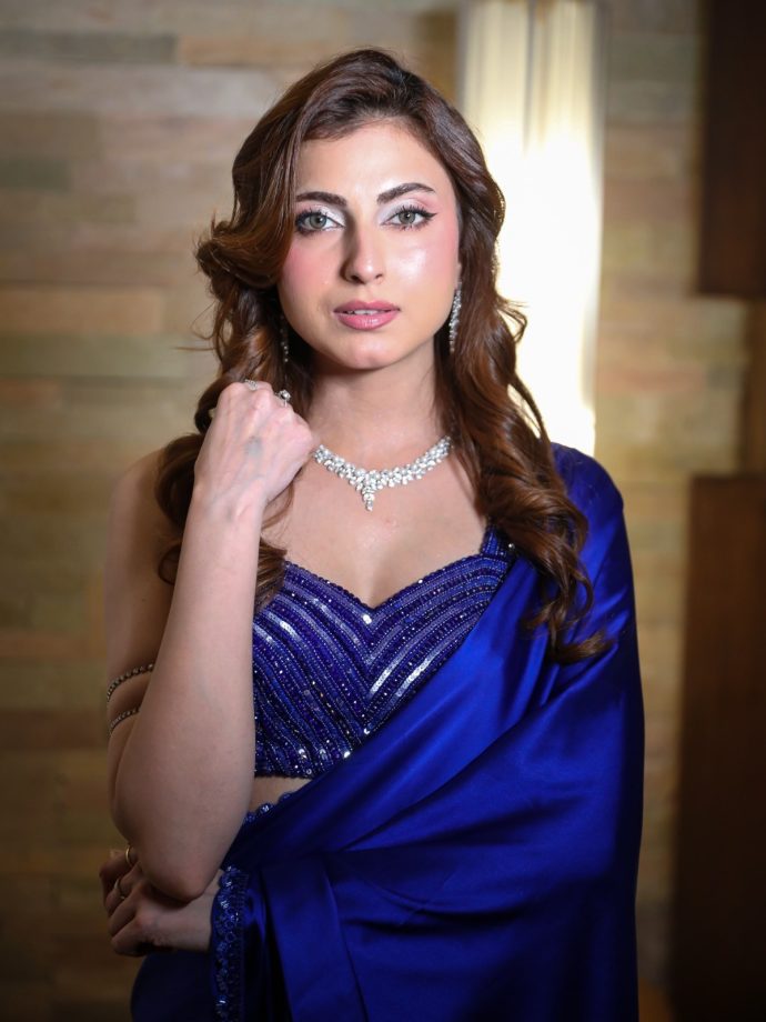 Farrhana Bhatt Royal Blue Saree Look: Silver Detailing 1