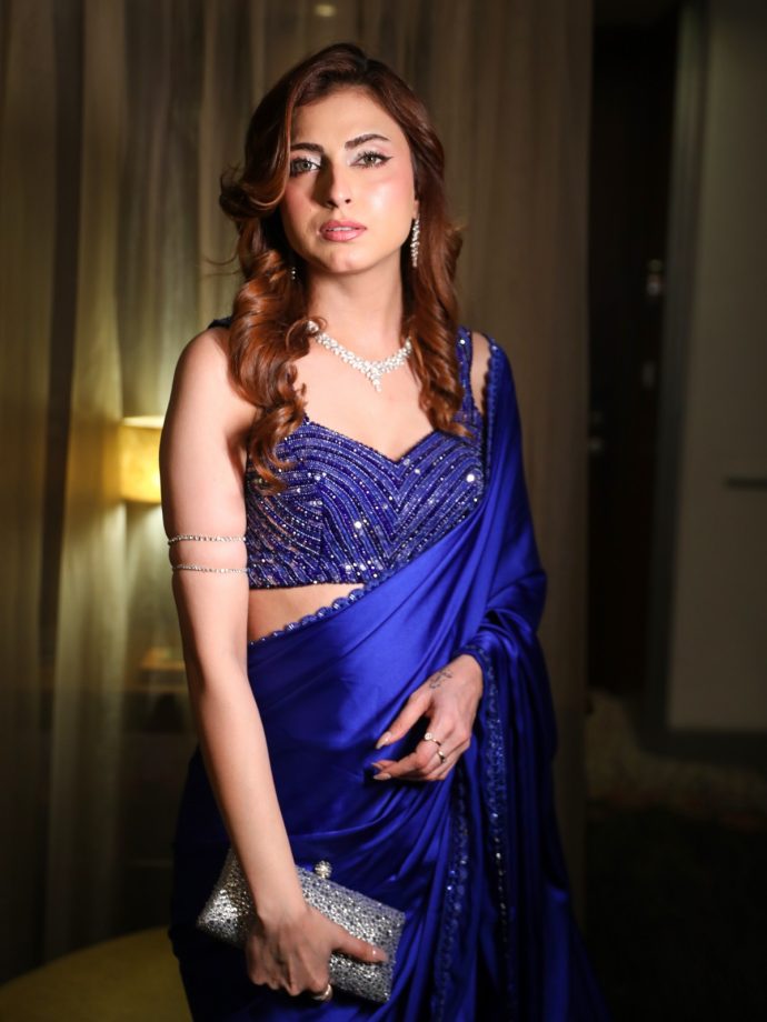 Farrhana Bhatt Royal Blue Saree Look: Silver Detailing 1