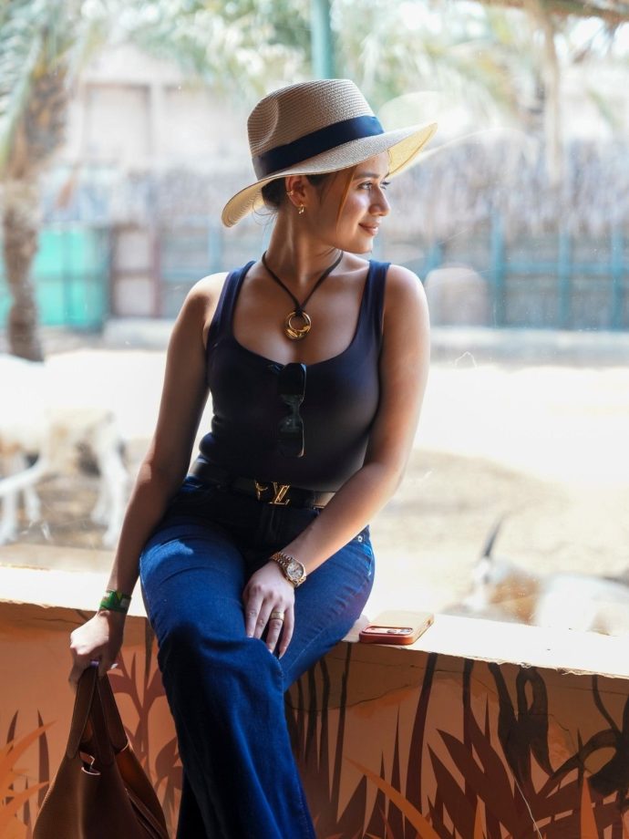 Jannat Zubair Nails Safari Chic Black Bodysuit Denim Flare 1