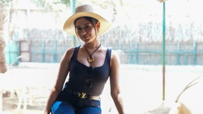 Jannat Zubair Nails Safari Chic Black Bodysuit Denim Flare