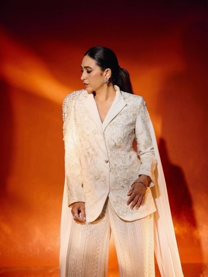 Karisma Kapoor Striking White Embroidered Power Suit 1