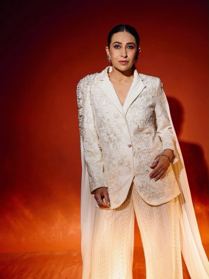 Karisma Kapoor Striking White Embroidered Power Suit 1