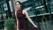 Manushi Chhillar Burgundy Frill Lace Gown, High Neck, Sleeveless Cut, Figure-Flattering Fit