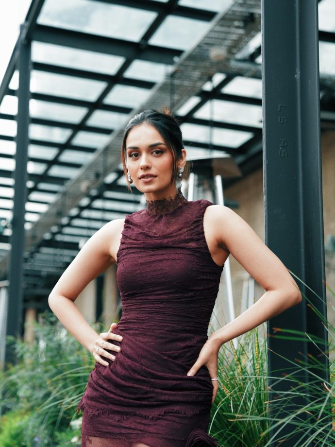 Manushi Chhillar Burgundy Frill Lace Gown, High Neck, Sleeveless Cut, Figure-Flattering Fit 1