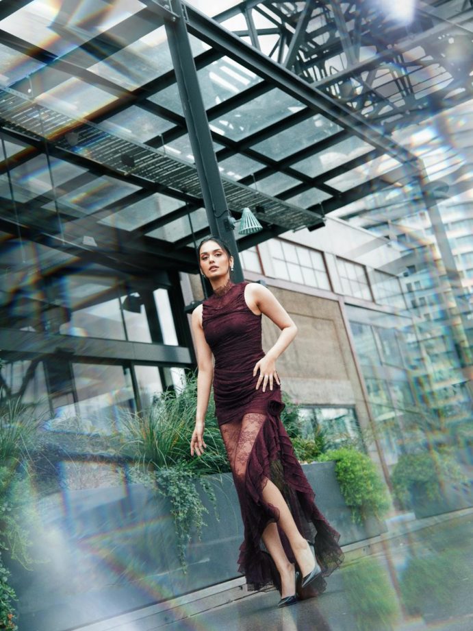 Manushi Chhillar Burgundy Frill Lace Gown, High Neck, Sleeveless Cut, Figure-Flattering Fit 1