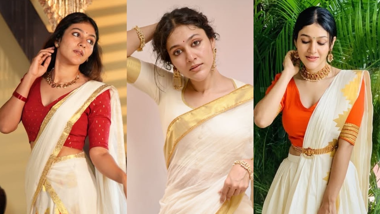 Mollywood Actress Anarkali Nazar Kasavu Lehenga Half Saree Look for Onam 2026 1