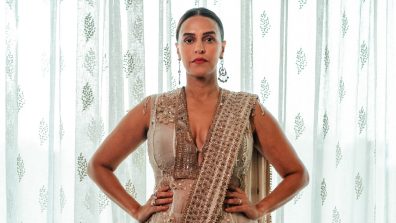 Neha Dhupia Elevates Ivory Saree Glamour With Statement Jacket