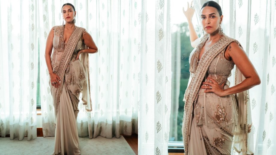 Neha Dhupia Elevates Ivory Saree Glamour With Statement Jacket 1
