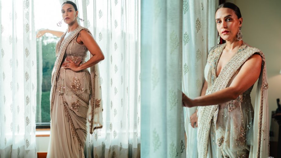 Neha Dhupia Elevates Ivory Saree Glamour With Statement Jacket 1