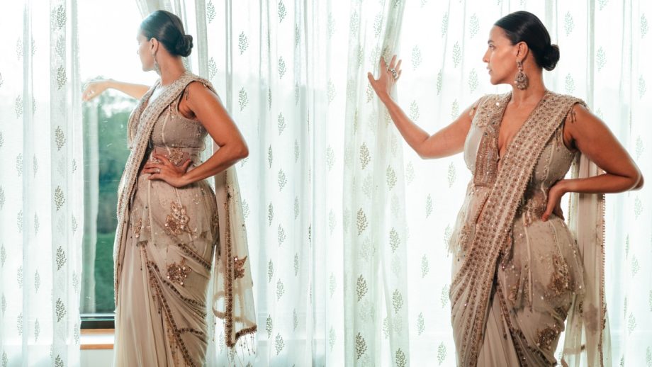 Neha Dhupia Elevates Ivory Saree Glamour With Statement Jacket 1