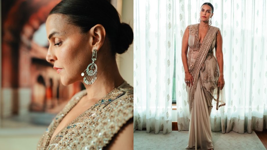 Neha Dhupia Elevates Ivory Saree Glamour With Statement Jacket 1