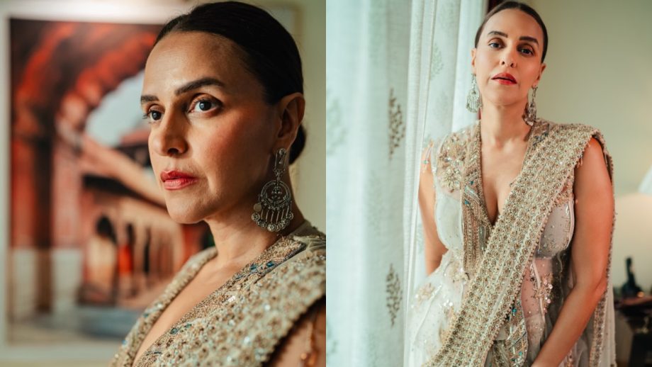 Neha Dhupia Elevates Ivory Saree Glamour With Statement Jacket 1