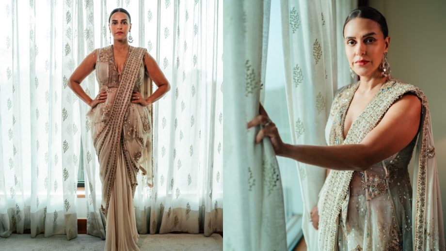 Neha Dhupia Elevates Ivory Saree Glamour With Statement Jacket 1