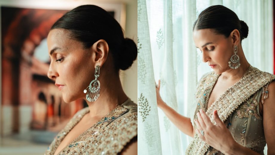 Neha Dhupia Elevates Ivory Saree Glamour With Statement Jacket 1