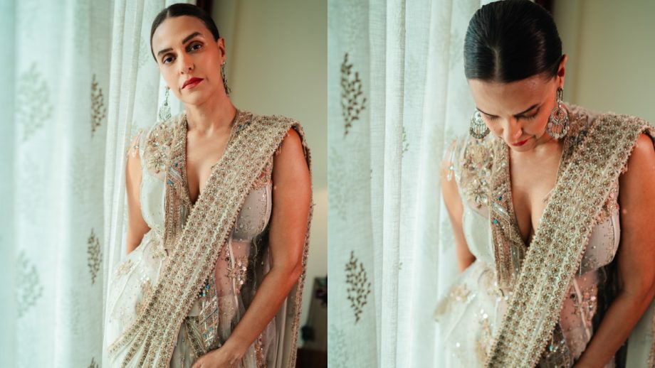 Neha Dhupia Elevates Ivory Saree Glamour With Statement Jacket 1