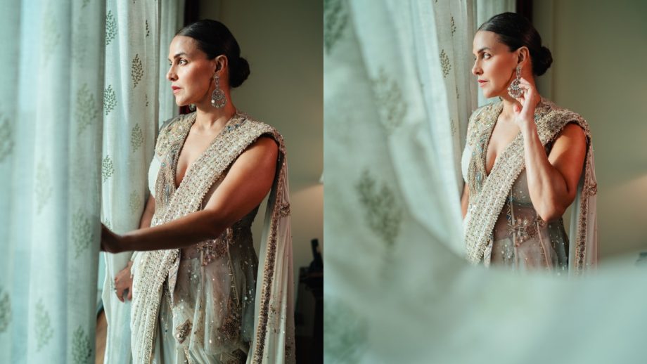Neha Dhupia Elevates Ivory Saree Glamour With Statement Jacket 1