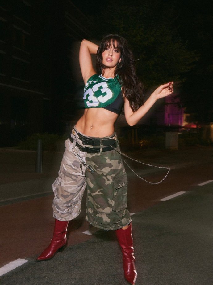 Nora Fatehi Street Style Sporty Crop Top, Camo Cargo Pants 1