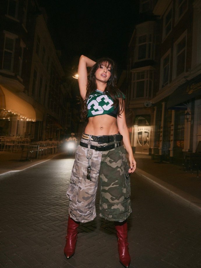 Nora Fatehi Street Style Sporty Crop Top, Camo Cargo Pants 1