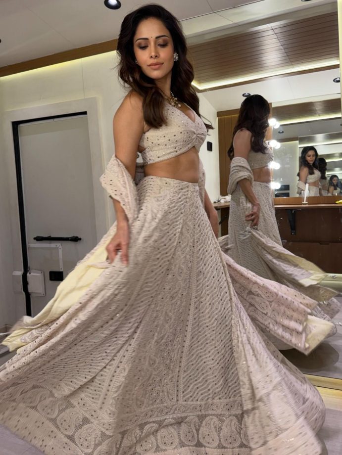 Nushrratt Bharuccha Ivory Chikankari Lehenga 1