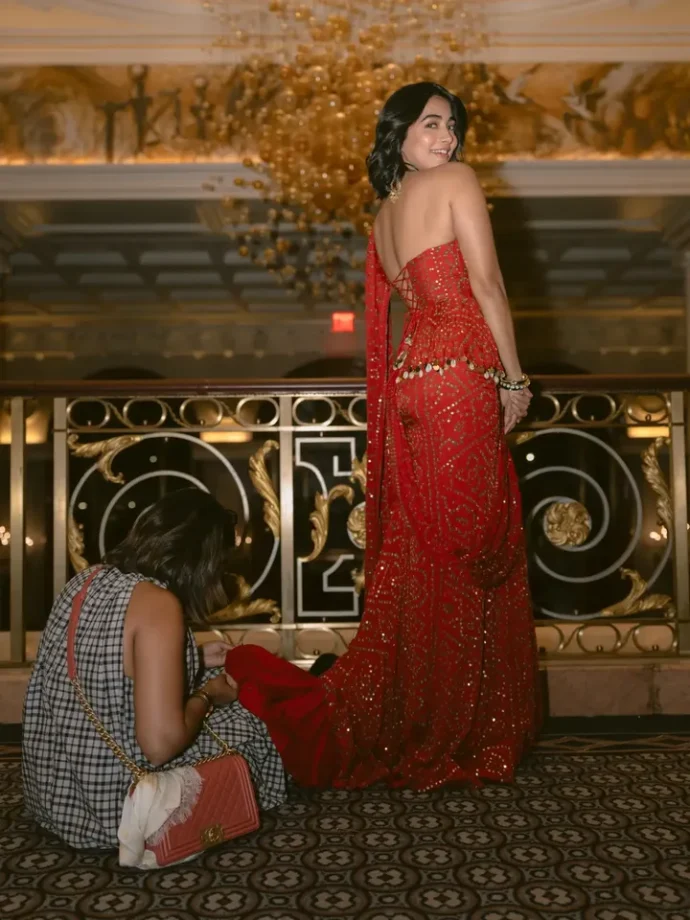 Pooja Hegde’s Stunning Red Saree Look at New York Gala 1