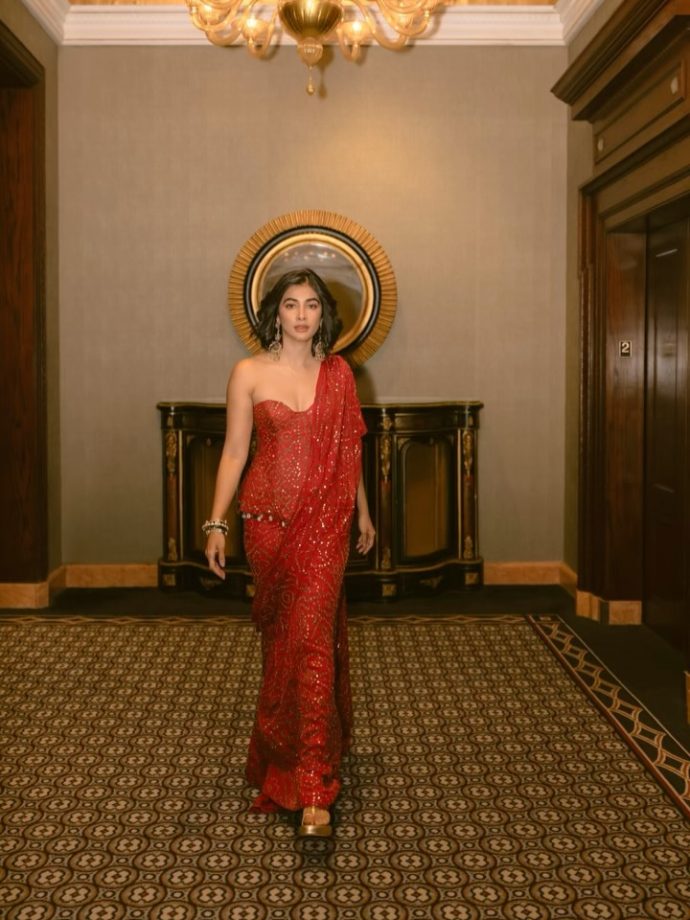Pooja Hegde’s Stunning Red Saree Look at New York Gala 1