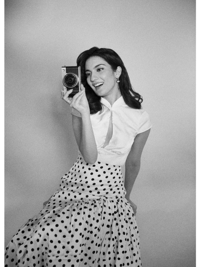 Pratibha Ranta Stunning Retro Polka-Dot Skirt, High-Collar White Top 1