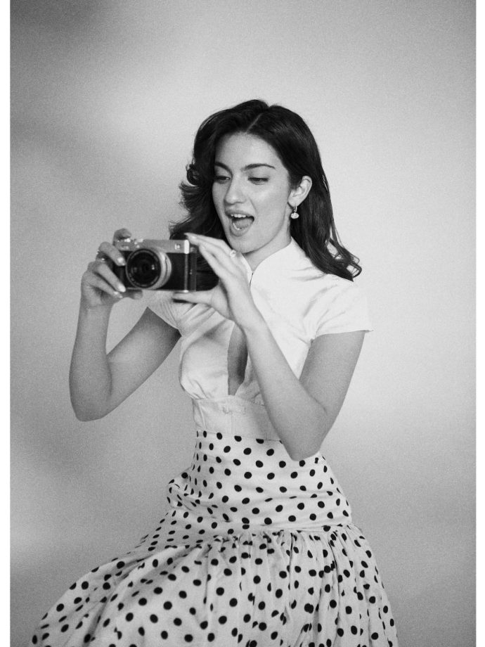 Pratibha Ranta Stunning Retro Polka-Dot Skirt, High-Collar White Top 1