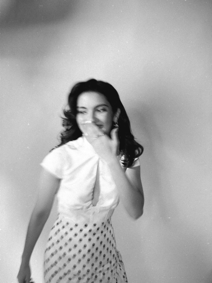 Pratibha Ranta Stunning Retro Polka-Dot Skirt, High-Collar White Top 1