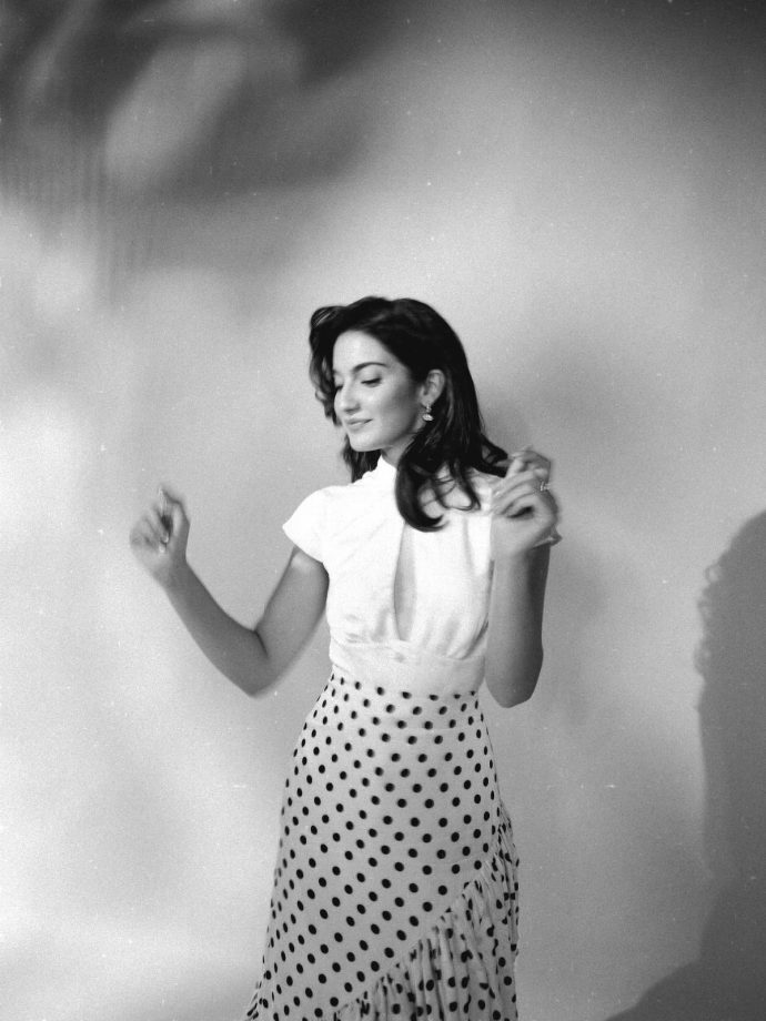 Pratibha Ranta Stunning Retro Polka-Dot Skirt, High-Collar White Top 1