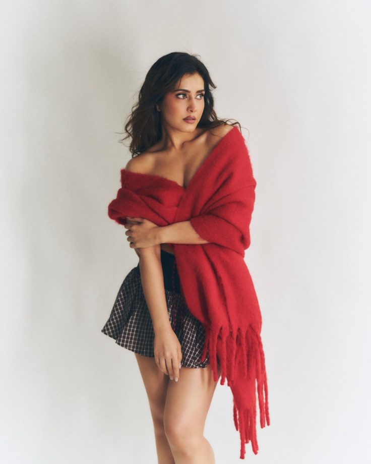 Raashii Khanna Red Shawl Checked Skirt Look Defines Effortless Winter Fashion 1