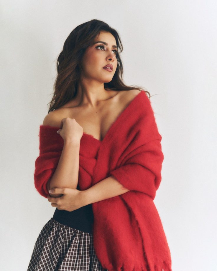 Raashii Khanna Red Shawl Checked Skirt Look Defines Effortless Winter Fashion 1